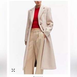 Mango Cream Long Coat with Beige Wide-Leg Pants
